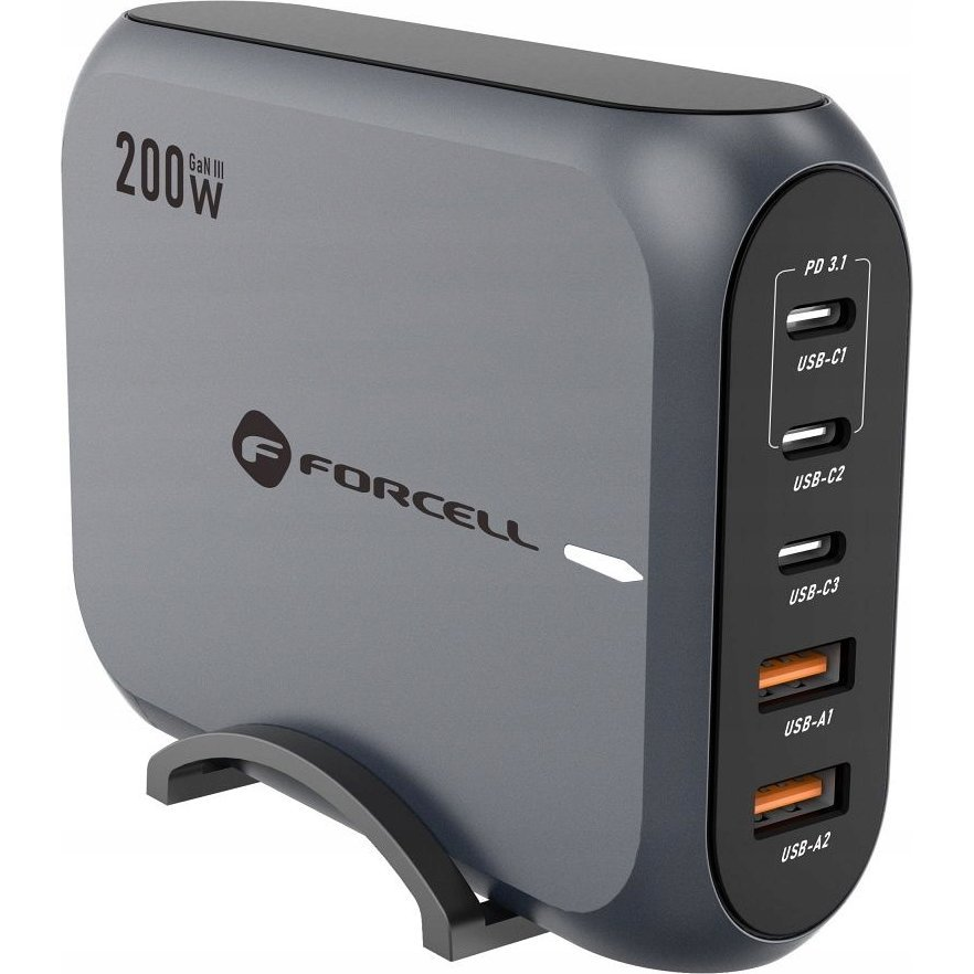 Forcell F-Energy GaN III VT-51 3xUSB-C + 2xUSB-A asztali töltő, PD, QC4.0, SFC2.0, 5A, 200W, szürke ( )