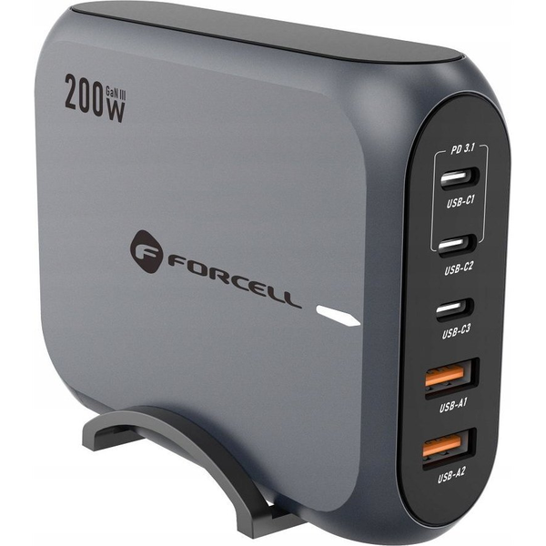 Настолно зарядно устройство Forcell GaN III 200W, 3xUSB-C, 2xUSB-A, компактно, с 1,5 м захранващ кабел