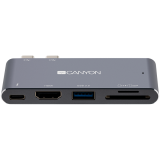 CANYON DS-5 Multiport Docking Station with 5 port, with Thunderbolt 3 Dual type C male port, 1*Thunderbolt 3 female+1*HDMI+1*USB3.0+1*SD+1*TF. Input 100-240V, Output USB-C PD100W&USB-A 5V/1A, Aluminium alloy, Space gray, 90*41*11mm, 0.04kg