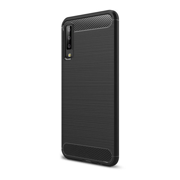 Szilikon telefonvédő (közepesen ütésálló, légpárnás sarok, szálcsiszolt, karbon minta) FEKETE [Samsung Galaxy A7 (2018) SM-A750F] (5996457826162)