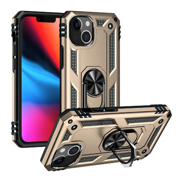 Defender műanyag telefonvédő (közepesen ütésálló, szilikon belső, telefontartó gyűrű, beépített fémlemez) ARANY [Apple iPhone 13 mini] (5996591097466)