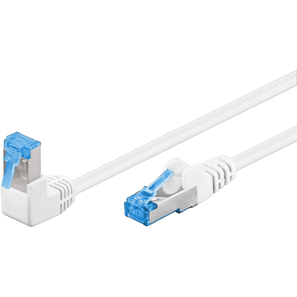 Patchkabel Cat.6a S/FTP (PiMF), 1x 90° gewinkelt (weiß, 1 Meter, doppelt geschirmt)