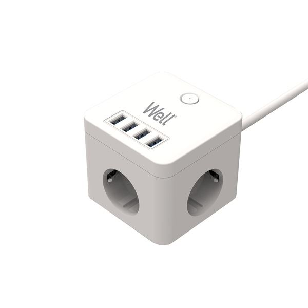 Well Powercube 3-as hálózati elosztó kapcsolóval, 4x USB-A 3m fehér (EXTS-3S3M-PROT/USB4-WL) (EXTS-3S3M-PROT/USB4-WL)