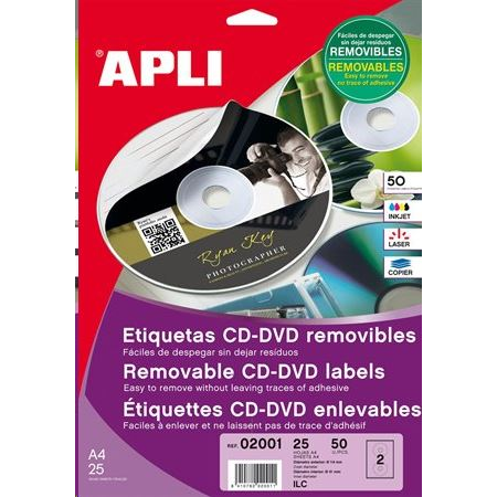 APLI CD/DVD etikett, A4 matt, eltávolítható 50 darab (LCA2001) (LCA2001)