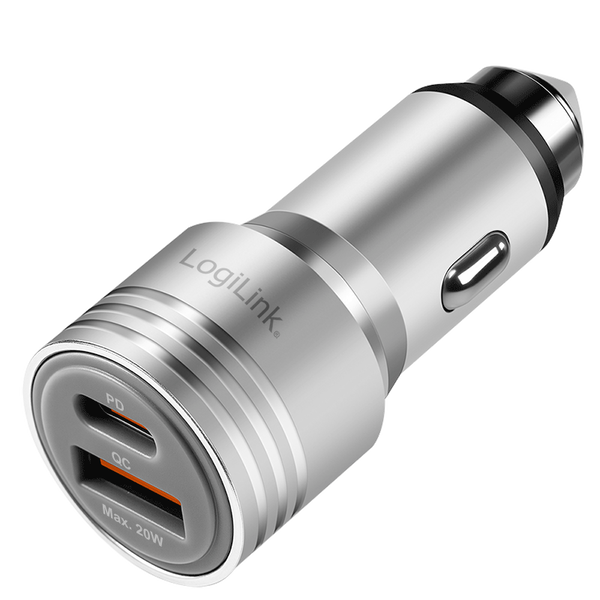 Logilink Kettős USB autós töltő, 20 W, USB-A (QC), USB-C (PD), ezüst