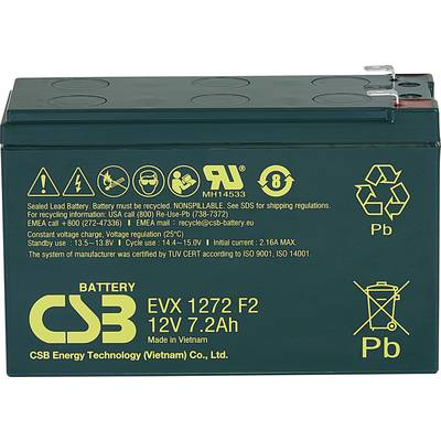 CSB Battery EVX 1272 EVX1272F2 Ólomakku 12 V 7.2 Ah Ólom-vlies (AGM) (Sz x Ma x Mé) 151 x 99 x 65 mm 6,35 mm-es laposérintkezős dugó Ciklusálló, (EVX1272F2)
