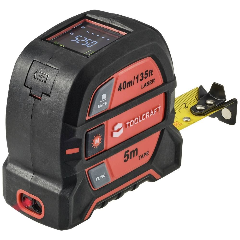TOOLCRAFT Lézeres távolságmérő mérőszalaggal 40 m/5 m, piros-fekete, TO-8597142 (TO8597142)