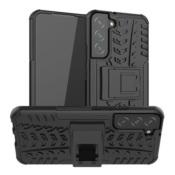 Defender műanyag telefonvédő (közepesen ütésálló, szilikon belső, kitámasztó, autógumi minta) FEKETE [Samsung Galaxy S22 Plus 5G (SM-S906)] (5996591118901)