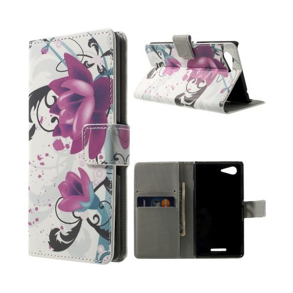 Tok álló, bőr hatású (FLIP, oldalra nyíló, asztali tartó funkció, lótuszvirág minta) FEHÉR [Sony Xperia E3 (D2203)] (5996457502530)