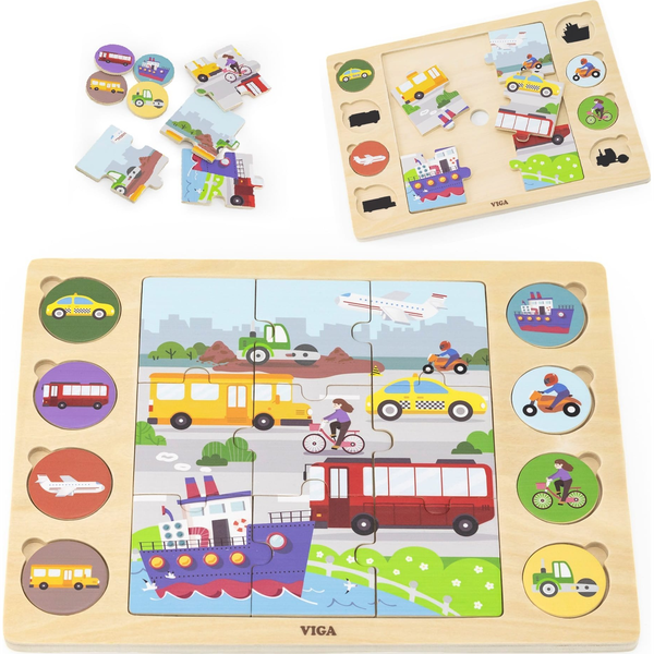  Viga Toys VIGA Drewniane Puzzle Odgadnij po Cieniu  - Środki Transportu Układanka 17 el.