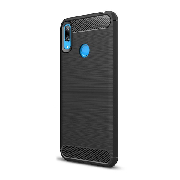 Szilikon telefonvédő (közepesen ütésálló, légpárnás sarok, szálcsiszolt, karbon minta) FEKETE [Huawei Y7 2019 (Y7 Prime 2019)] (5996457856626)