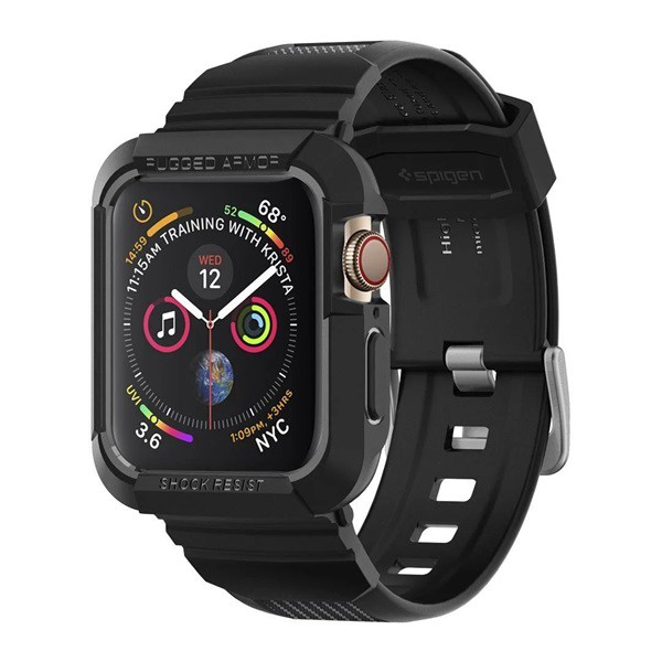 SPIGEN RUGGED ARMOR PRO pótszíj (egyedi méret, szilikon, közepesen ütésálló, állítható + szilikon keret) FEKETE [Apple Watch Series SE 44mm]