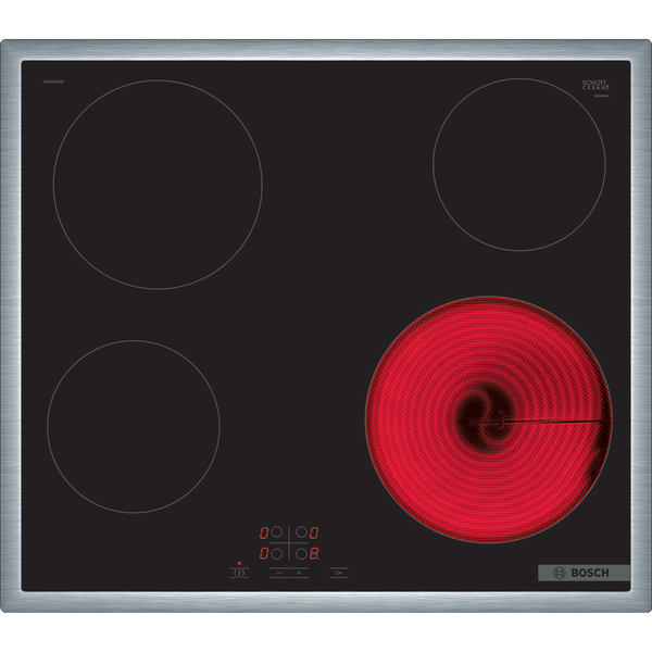 Bosch PKE645BA2E Стъклокерамичен плот, Serie4, 60cm, Рамка от неръждаема стомана, TouchSelect, ReStart, Черен