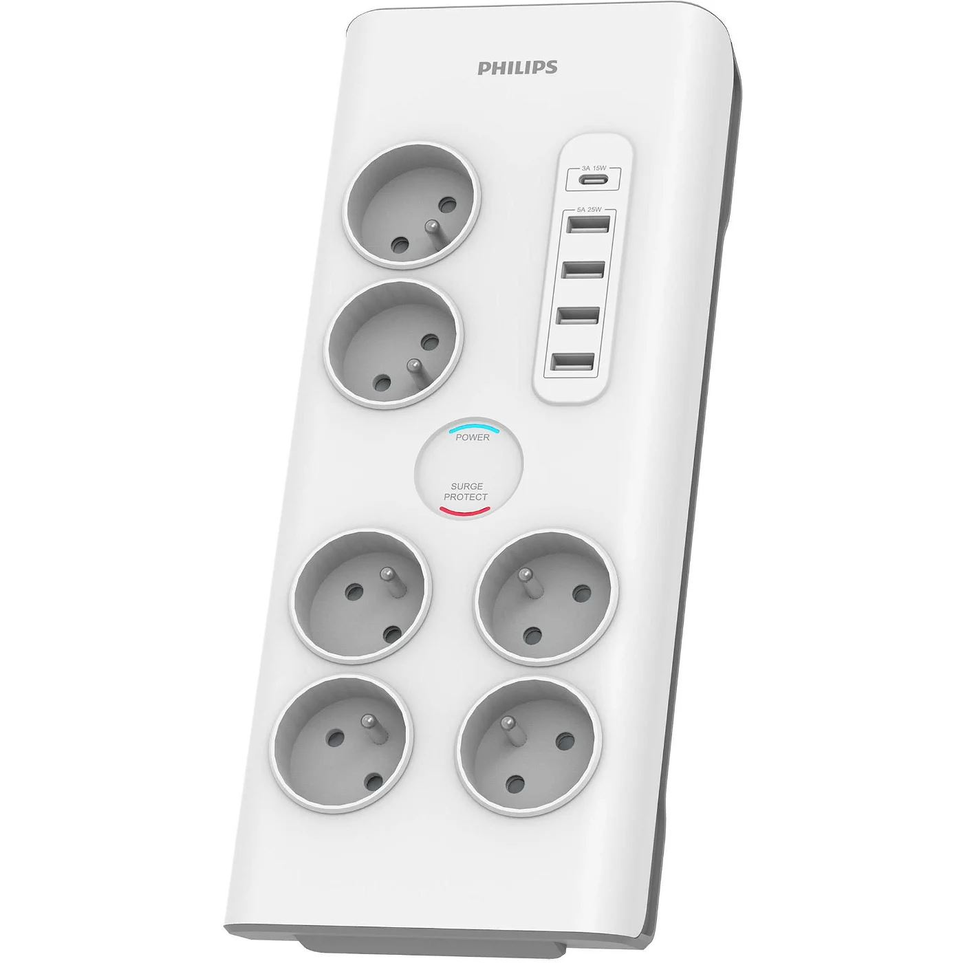 Philips SPN7060WA/60 túlfeszültségvédő elosztó 6 francia aljzat + USB 2m fehér (SPN7060WA/60)