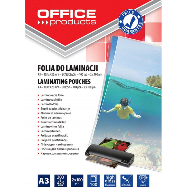 Office Products Folia do laminowania OFFICE PRODUCTS, A3, 2x100mikr., błyszcząca, 100szt., transparentna