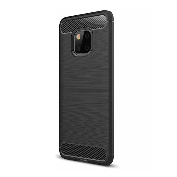 Szilikon telefonvédő (közepesen ütésálló, légpárnás sarok, szálcsiszolt, karbon minta) FEKETE [Huawei Mate 20 Pro] (5996457818211)