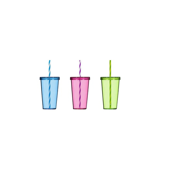 Iris Mix Coloured 660ml Műanyag pohár szívószállal - Kék/rózsaszín/zöld színekben