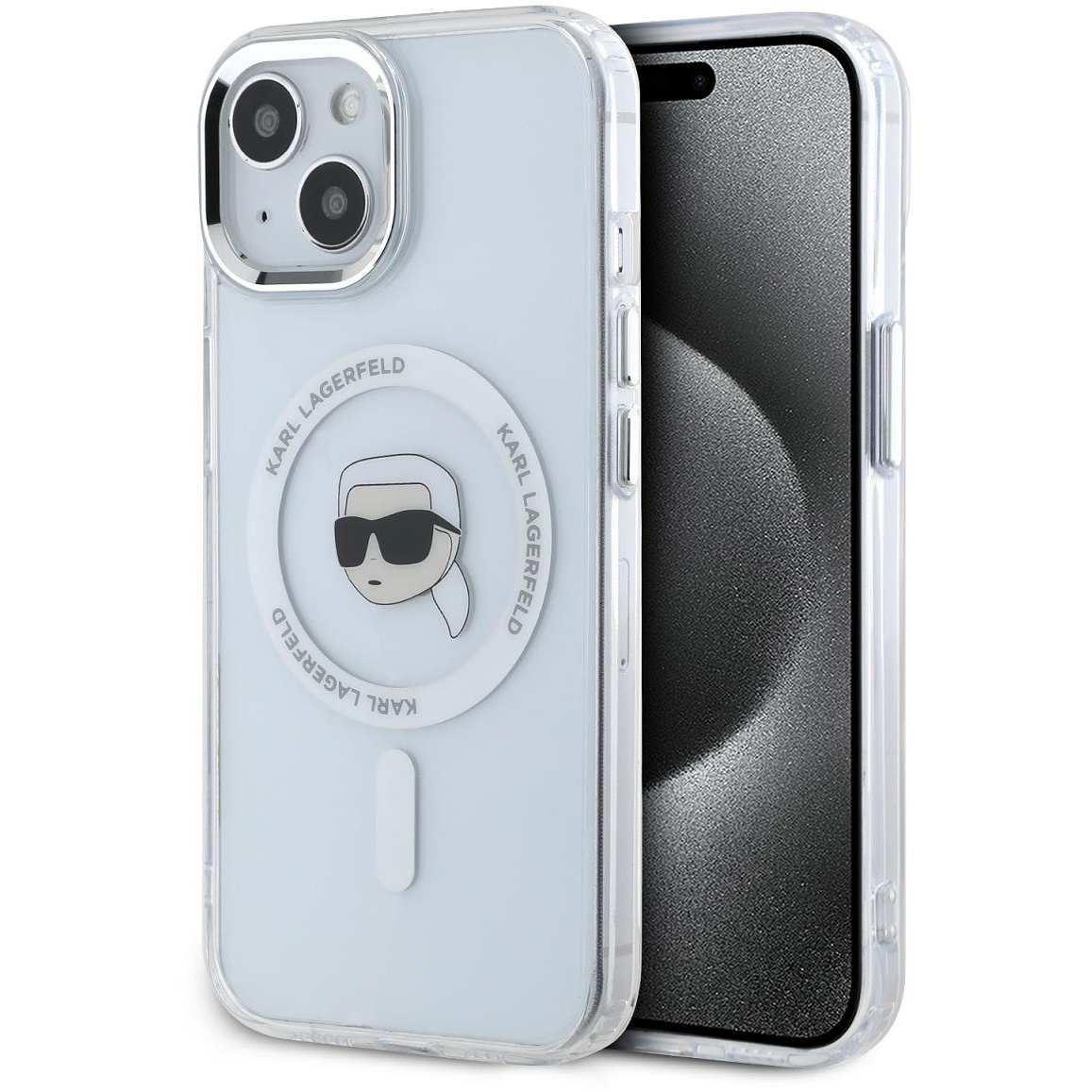 Karl Lagerfeld IML Karl Head Metal Frame MagSafe iPhone 15 átlátszó tok (KLHMP15SHLSKIH)