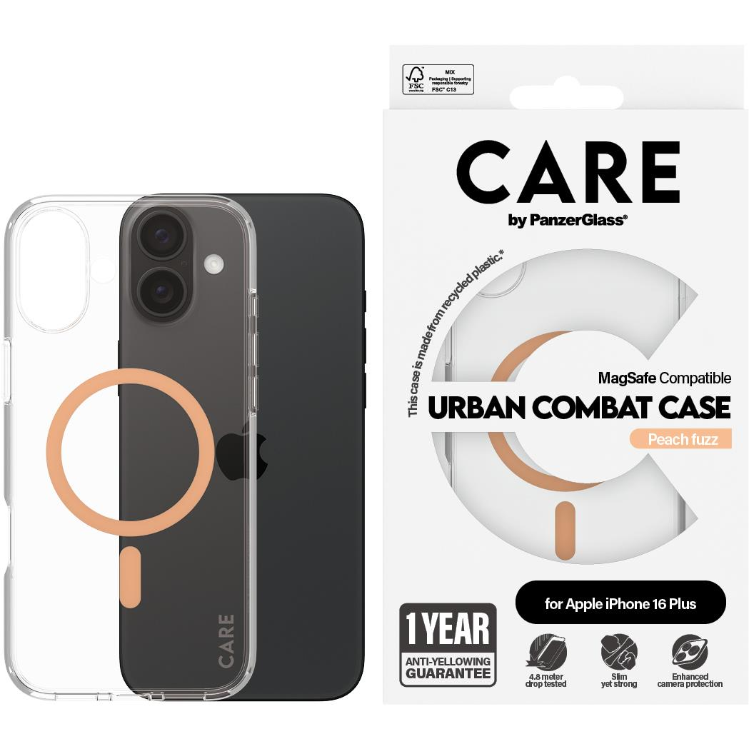 PanzerGlass CARE Apple iPhone 16 Plus MagSafe Urban Combat átlátszó/barackszín nem sárguló tok (1375)
