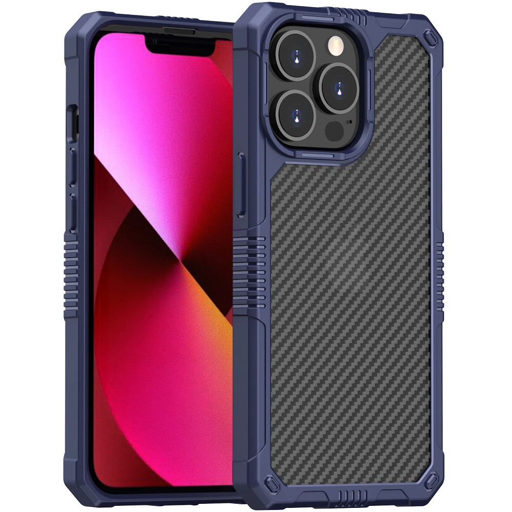 Apple iPhone 13 Pro Max, Szilikon keret + műanyag hátlap tok, közepesen ütésálló, légpárnás sarok, karbon minta, átlátszó/kék (121490)