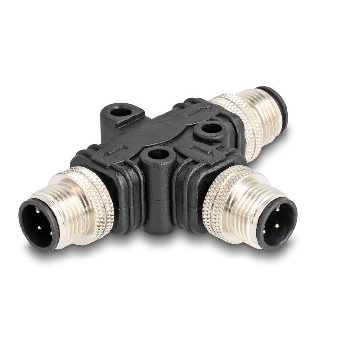 Delock M12 T-megosztó A-kódolt 4 tűs 1 x apa - 2 db. apa párhuzamos kapcsolással (60578) (60578)