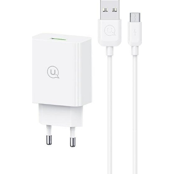USAMS SC Hálózati Töltő USB Aljzat 18 W, PD Gyorstöltő 3.0 + microUSB Kábel, Fehér ( )