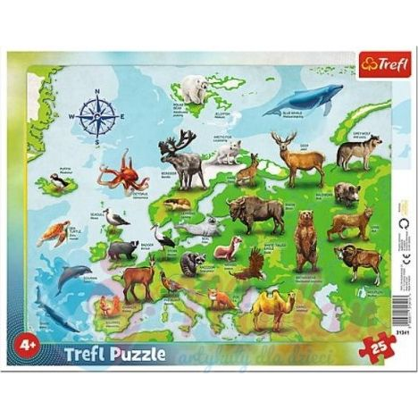 Trefl Puzzle 25 elementów ramkowe Mapa Europy ze zwierzętami