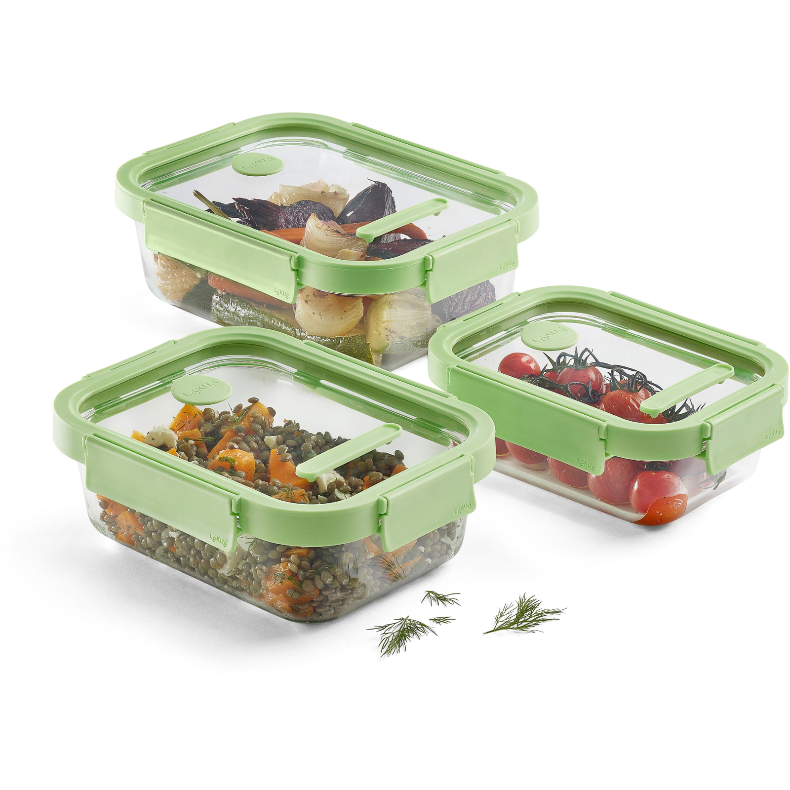Lékué Rectangular Glass, üveg tárolódoboz szett élelmiszerre, zöld (3431000SURU017)