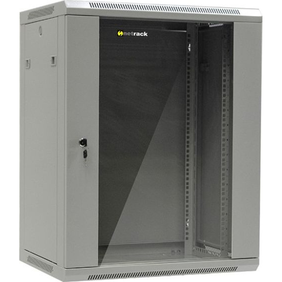 Стенен шкаф със стъклена врата и подвижна страна, Netrack, 15U/450 mm, 19", сив