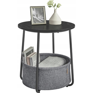 Vasagle Mały okrągły stolik boczny, nowoczesna szafka nocna z koszem na tkaniny, szafka nocna do salonu, sypialni, hebanowy czarny i łup