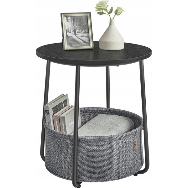 Vasagle Mały okrągły stolik boczny, nowoczesna szafka nocna z koszem na tkaniny, szafka nocna do salonu, sypialni, hebanowy czarny i łup