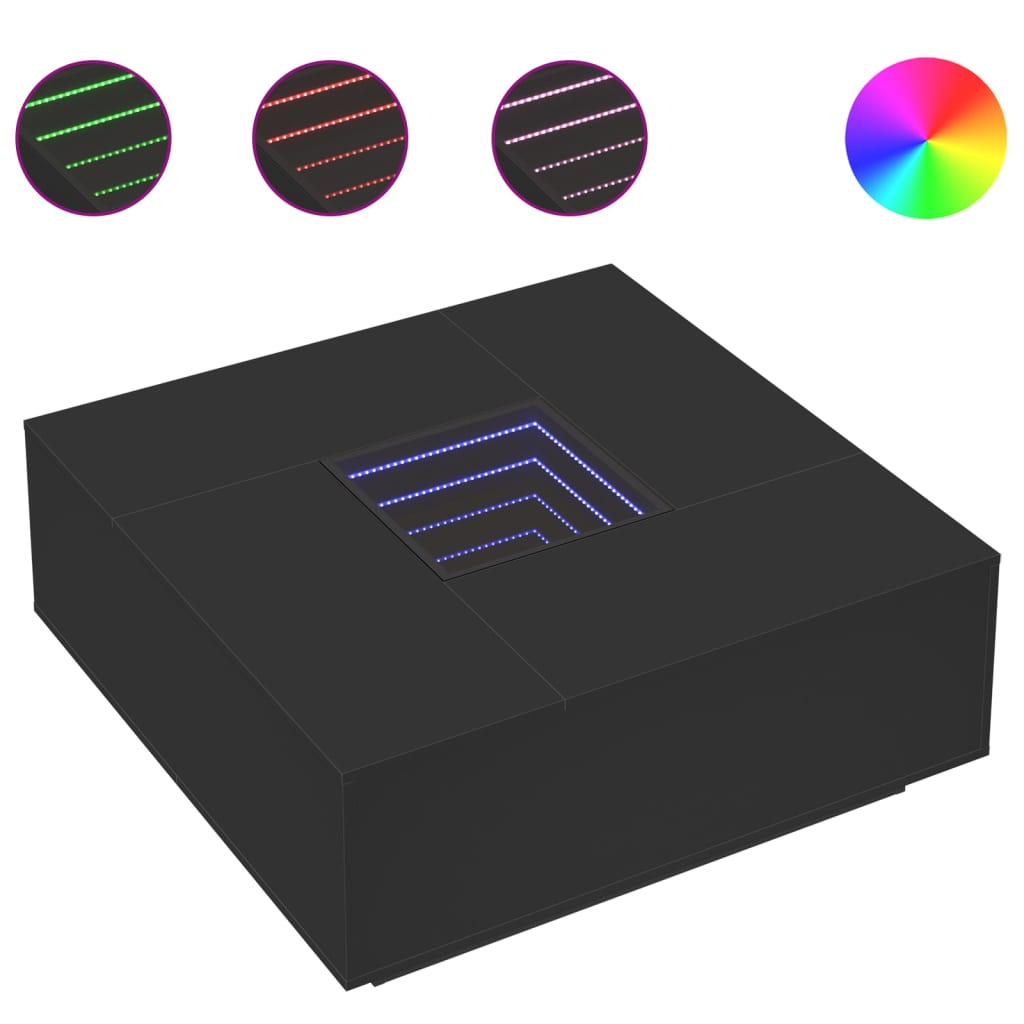 fekete végtelen hatású LED-es dohányzóasztal 100 x 100 x 40 cm (3284043)