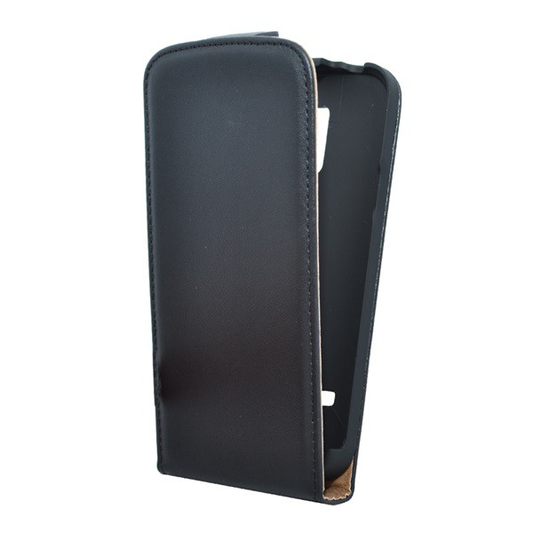 Tok álló, bőr hatású (FLIP, lefelé nyíló, szilikon tartó) FEKETE [Samsung Galaxy S5 mini (SM-G800)] (5996457463565)