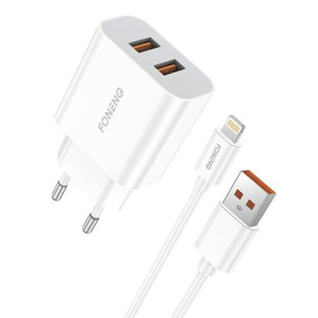 Foneng EU45 2xUSB-A захранващо зарядно + USB-A - Lightning кабел бял (EU45 iPhone) (EU45 iPhone)