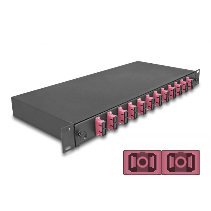 Delock 19” hosszú sínekbe rögzítéshez optikai szálösszefűző doboz, 12db SC Duplex OM4 1U, kompletten összeszerelve (67008) (delock67008)