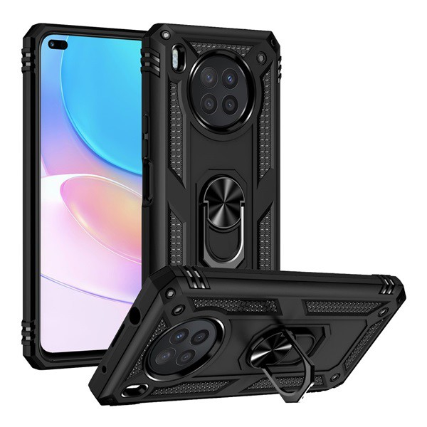 Szilikon telefonvédő (asztali tartó funkció, telefontartó gyűrű, 360°-ban forgatható, beépített fémlemez) FEKETE [Honor 50 Lite] (5996591119588)