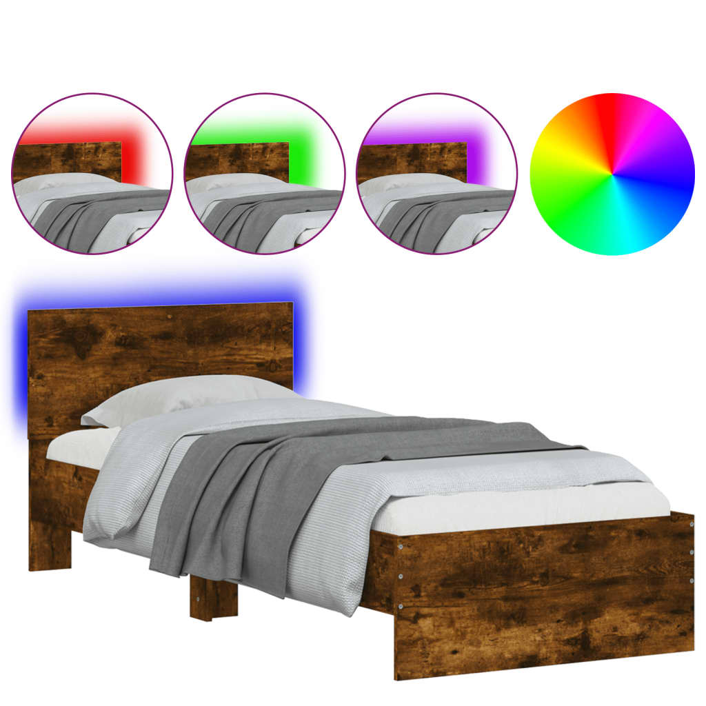 füstös tölgy színű ágykeret fejtámlával és LED-ekkel 90x200 cm (838810)