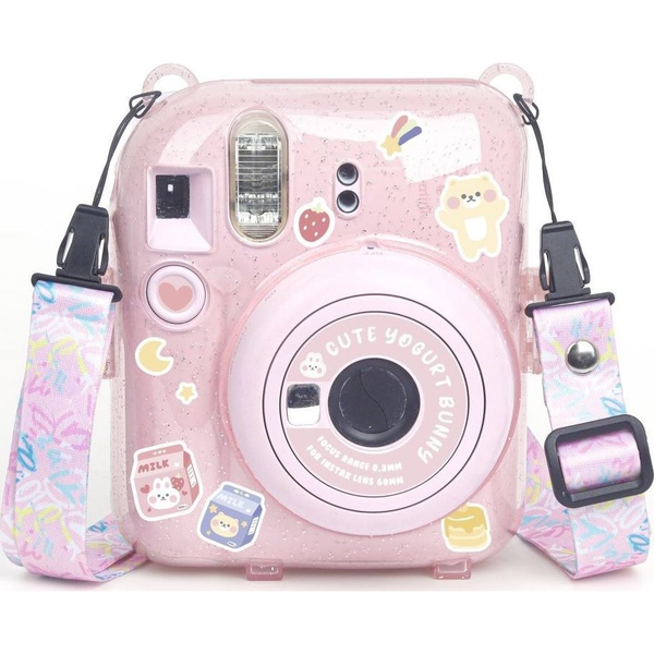 Pokrowiec LoveInstant Futerał Etui Pokrowiec Case do FujiFilm Fuji INSTAX Mini 12 + Naklejki i Kieszeń na Zdjęcia / Jogurtowy Królik / Różowy Brokat
