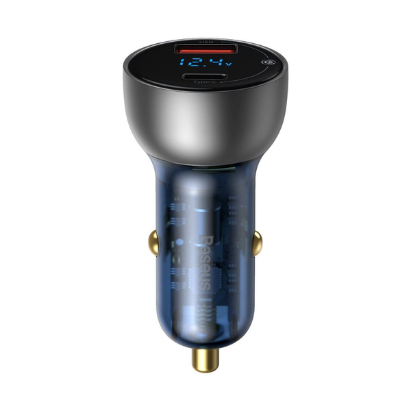 Зарядно за кола Baseus USB, USB-C, 65W, 5A, QC 4.0, Power Delivery 3.0, LCD, с USB-C - USB-C кабел, прозрачно