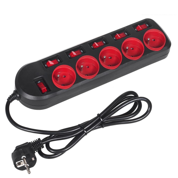 Cablu prelungitor Maclean, MCE204 , alimentare retea, 1.5m cu 5 prize, 250V /10A , cu intrerupatoare, negru/rosu