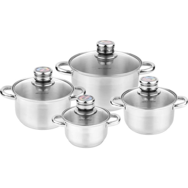 Batería De Cocina Acero Inoxidable, 8 Piezas, Inducción, Tapas Cristal, Todo Tipo De Cocinas Acero Inoxidable  Florina Pablo