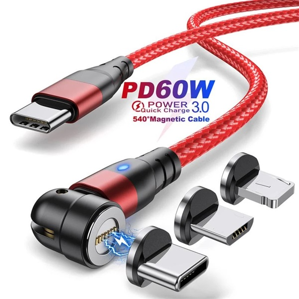 BlackBird BH1412 USB-C apa - USB-C/Lightning/MicroUSB apa Mágneses Töltő kábel - Piros (1m)