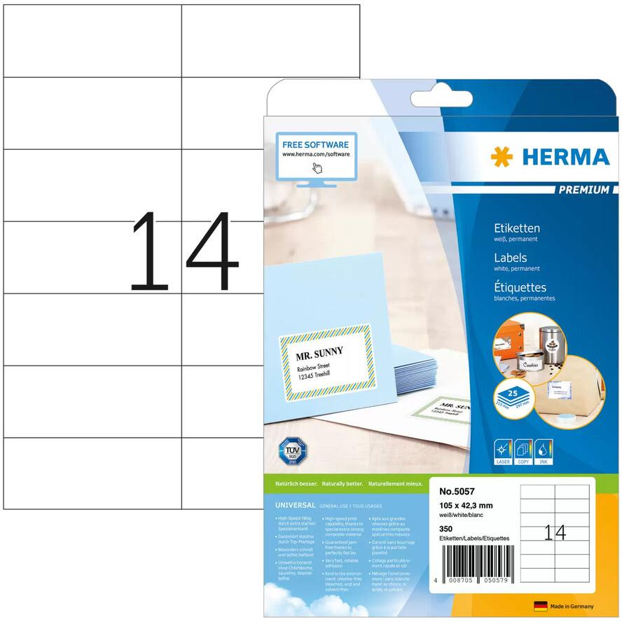 Herma Premium 105 x 42,3 mm Etikett tintasugaras és lézernyomtatóhoz (350 címke / csomag) (5057)
