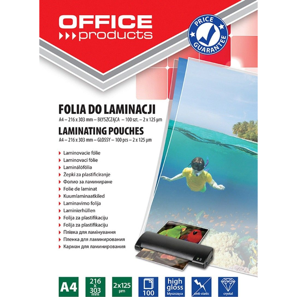 Office Products Folia do laminowania OFFICE PRODUCTS, A4, 2x125mikr., błyszcząca, 100szt., transparentna