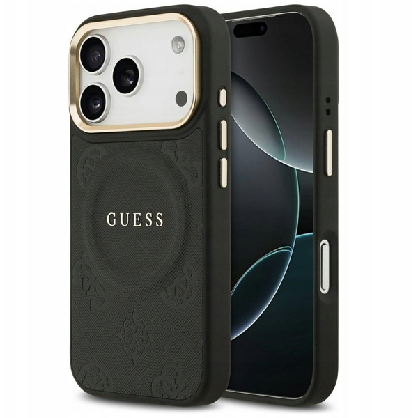 Guess GRAINED HOT STAMP PEONY PATTERN szilikon telefonvédő (ütésállóság, bőr hatású hátlap, MagSafe) FEKETE Apple iPhone 17 Pro (GUHMP17LPSAMSECK)