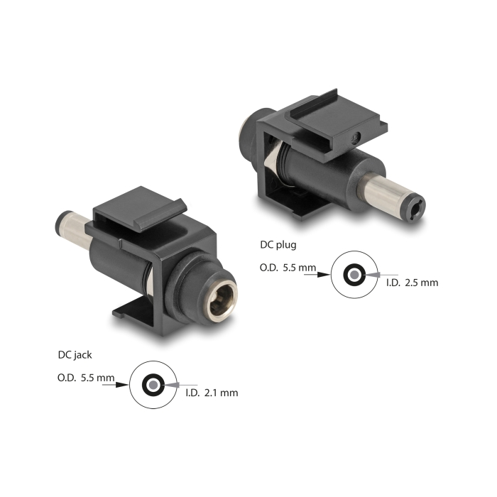 Delock Keystone modul, DC 5,5 x 2,1 mm-csatlakozóhüvely, DC 5,5 x 2,5 mm méretű apa, fekete (84163) (84163)