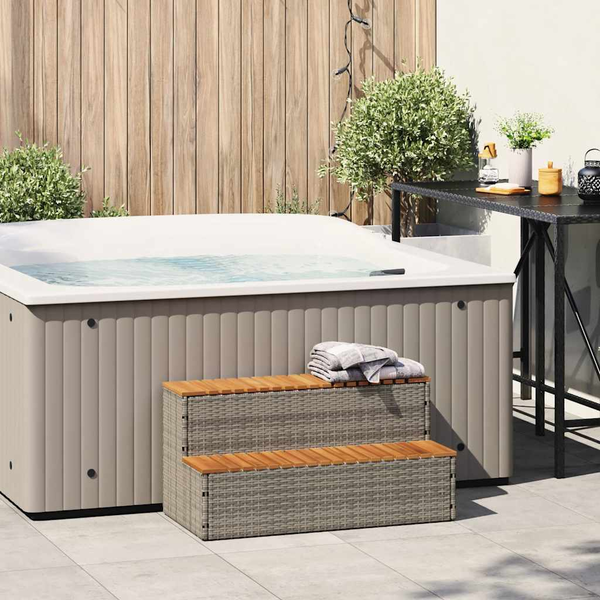 pezsgőfürdő lépcső szürke 100x50x50,5 cm polyrattan és akácfa