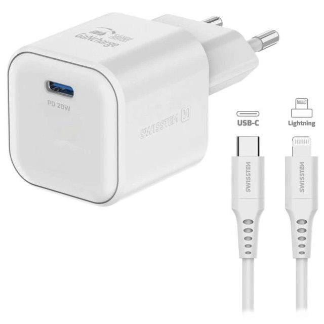 Swissten 22070120 USB-C Hálózati Töltő Adapter Lightning Kábellel (1,2m) 20W - Fehér (22070140)