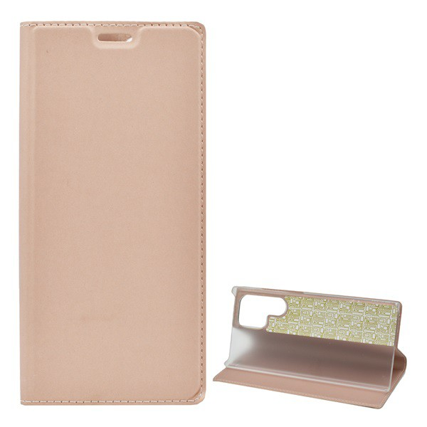 Tok álló, bőr hatású (FLIP, oldalra nyíló, asztali tartó funkció) ROZÉARANY 2 [Samsung Galaxy S22 Ultra 5G (SM-S908)] (5996591134093)
