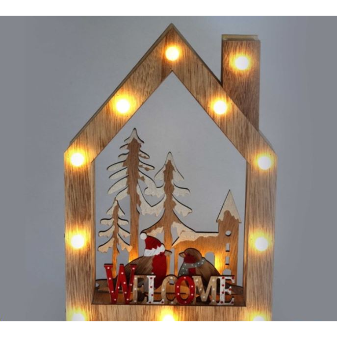 IRIS Karácsonyi ház alakú madarak mintás/20x30x5,5cm/meleg fehér LED-es fa fénydekoráció (309-02) (309-02)